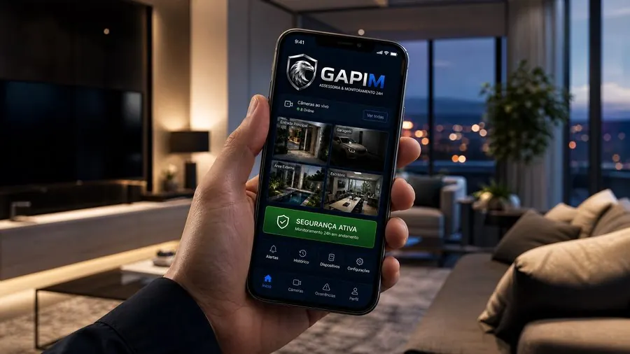 Cliente visualizando o aplicativo GAPIM com câmeras ao vivo pelo celular em casa