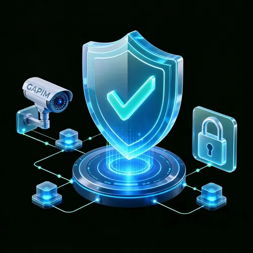 Ilustração representando câmera GAPIM, escudo de segurança verificado e acesso protegido