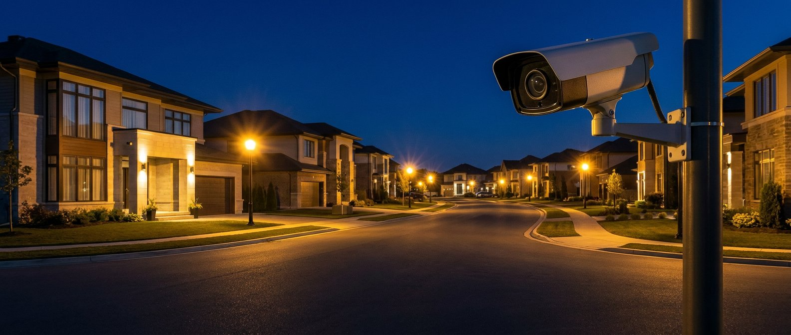 Câmera de segurança GAPIM instalada em rua residencial iluminada durante a noite