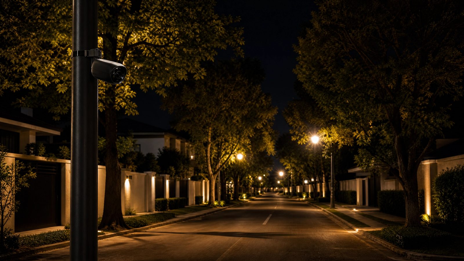 Câmera GAPIM instalada em poste de rua residencial arborizada durante a noite